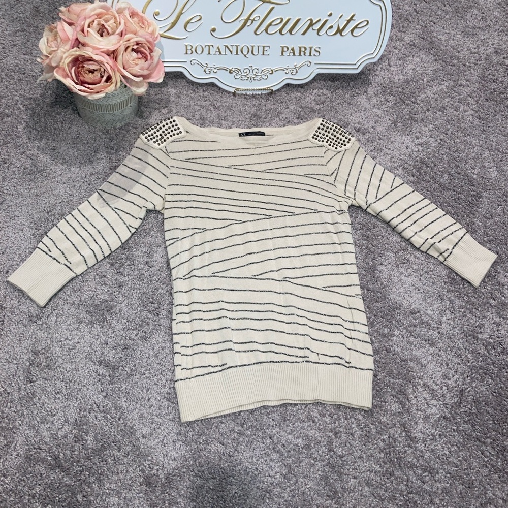Armani Exchange Cream Striped Off-Shoulder Sweater